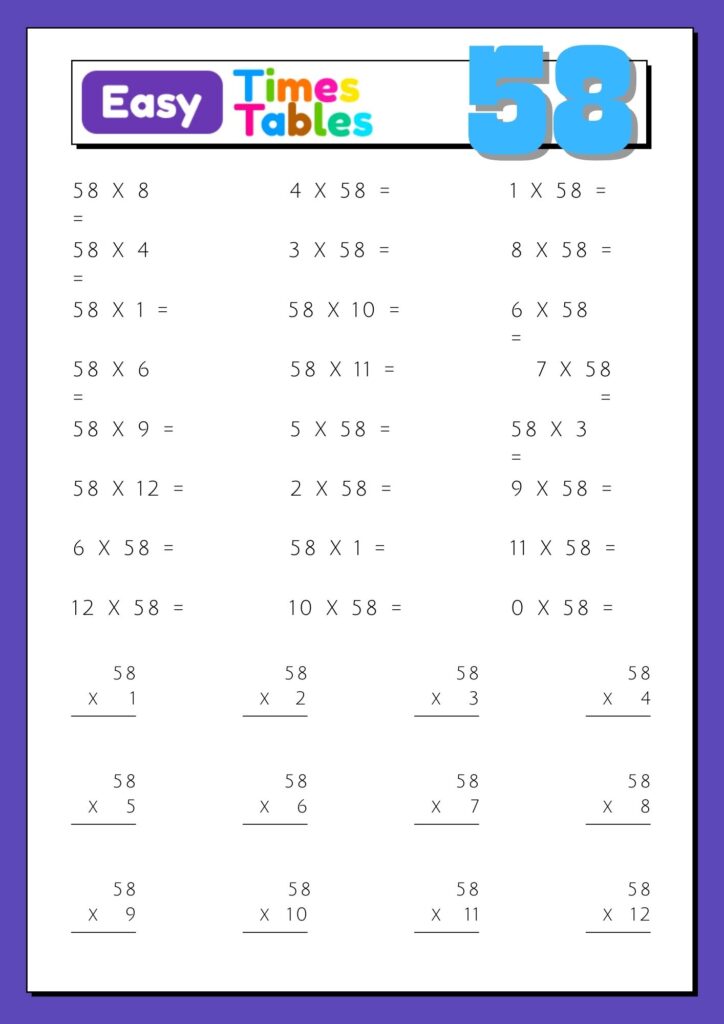 Images with printable exercises of multiplication table 58